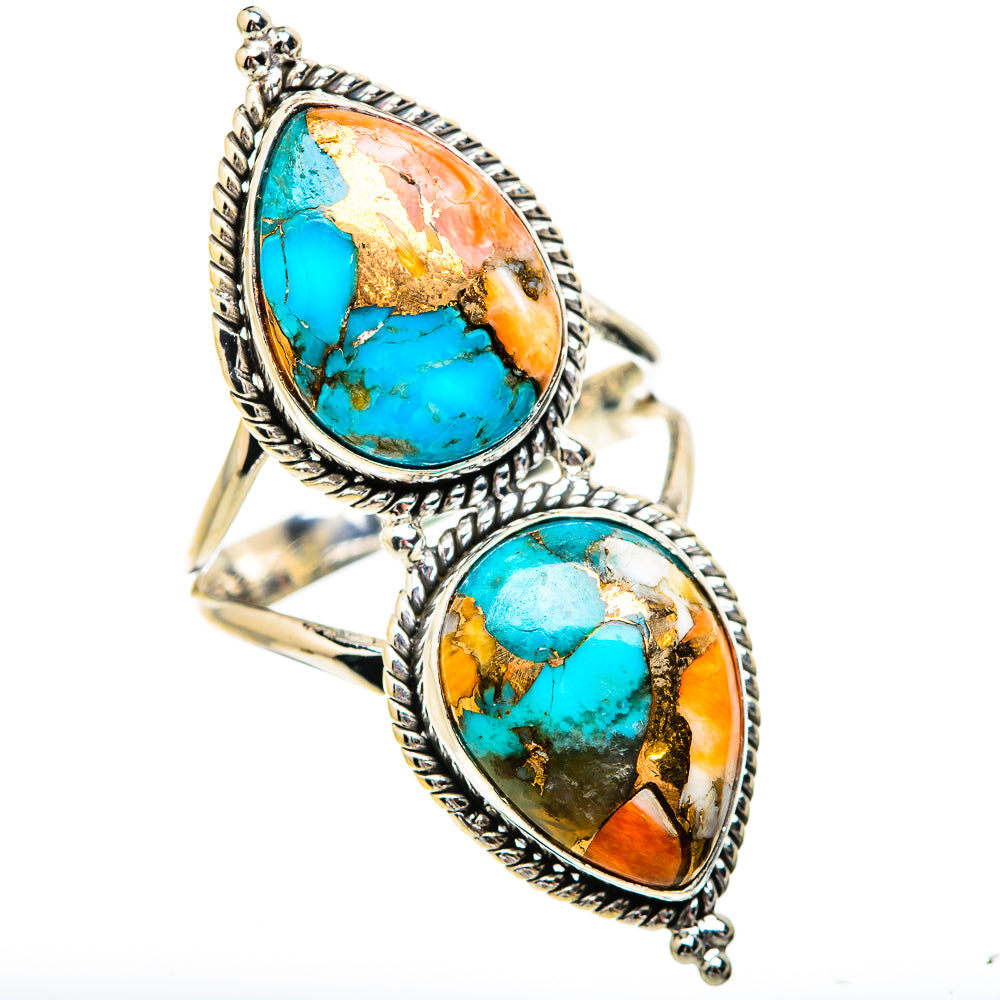 Sterling silver double oval spiny oyster ring with turquoise and orange cabochons
