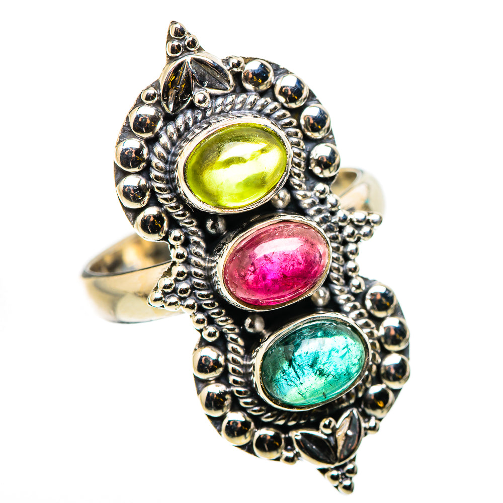 Sterling silver statement ring with green, pink, and teal oval gemstones