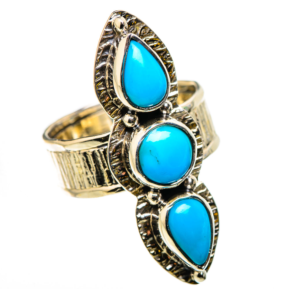 Turquoise three-stone ring with teardrop gems and textured silver-tone band