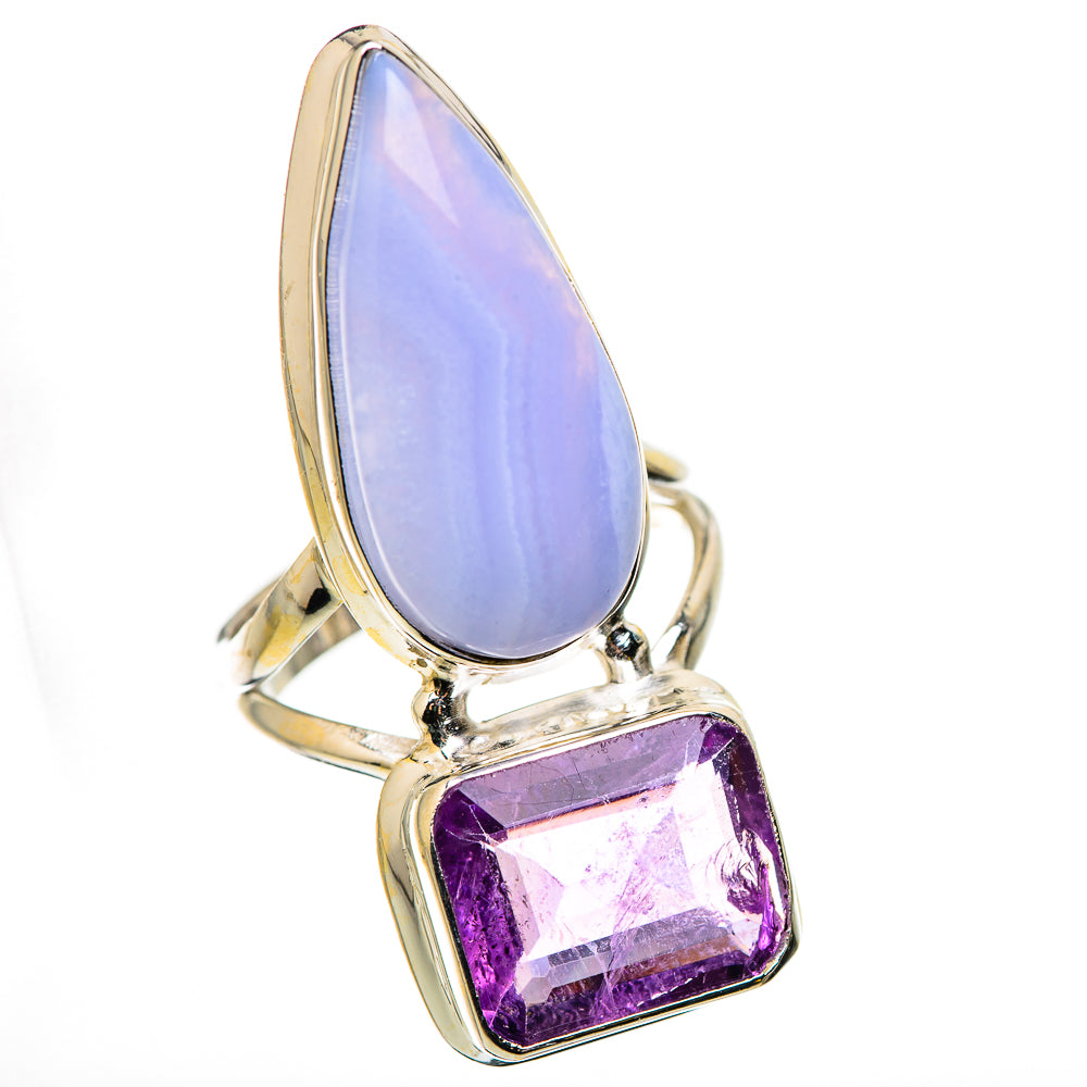Two-stone gemstone ring with light blue teardrop and purple square stones, silver-tone band