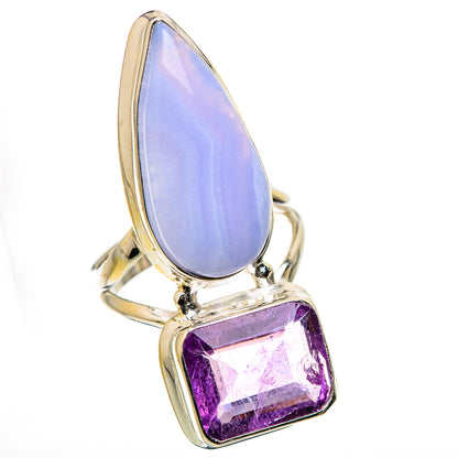 Two-stone gemstone ring with light blue teardrop and purple square stones, silver-tone band