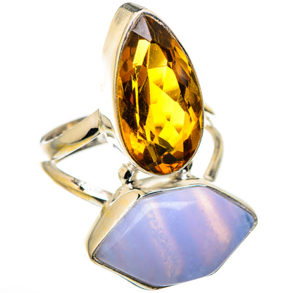 Sterling silver ring with oval amber stone and lavender opal-style stone