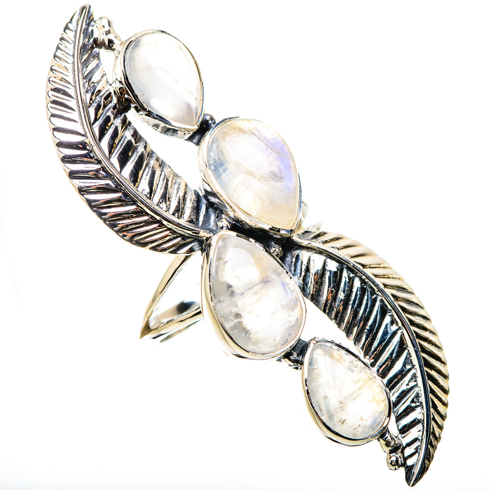 925 sterling silver moonstone ring with multiple pear-shaped cabochons on ribbed feather setting