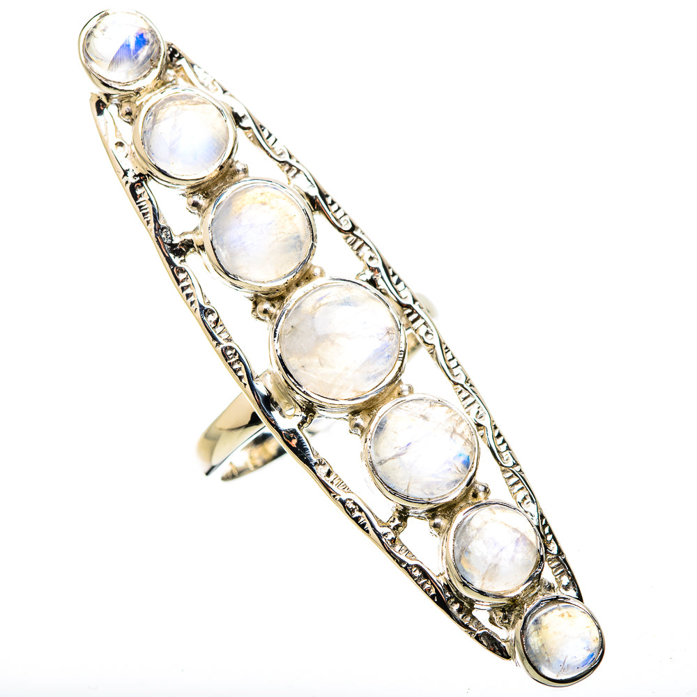 Sterling silver wide band rainbow moonstone ring with multiple round stones