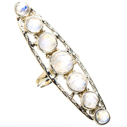 Sterling silver wide band rainbow moonstone ring with multiple round stones