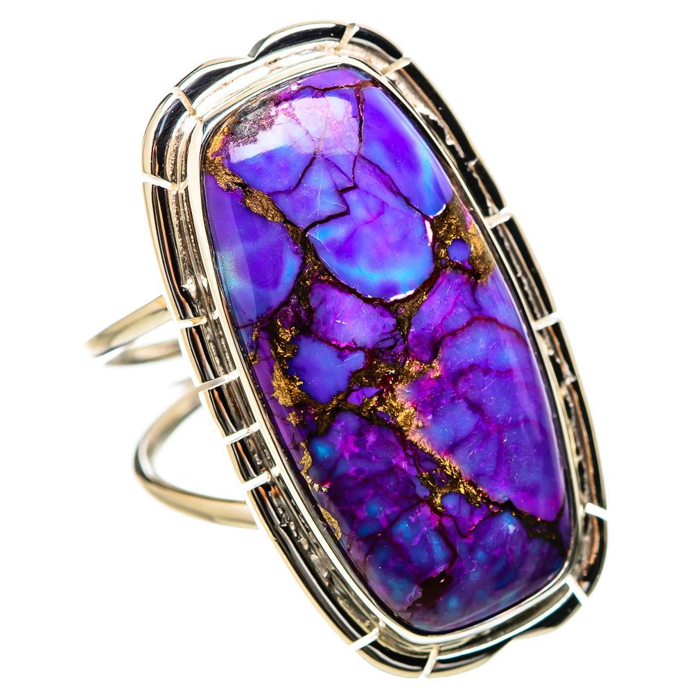 Purple oval turquoise composite ring with silver raised bezel and gold veining