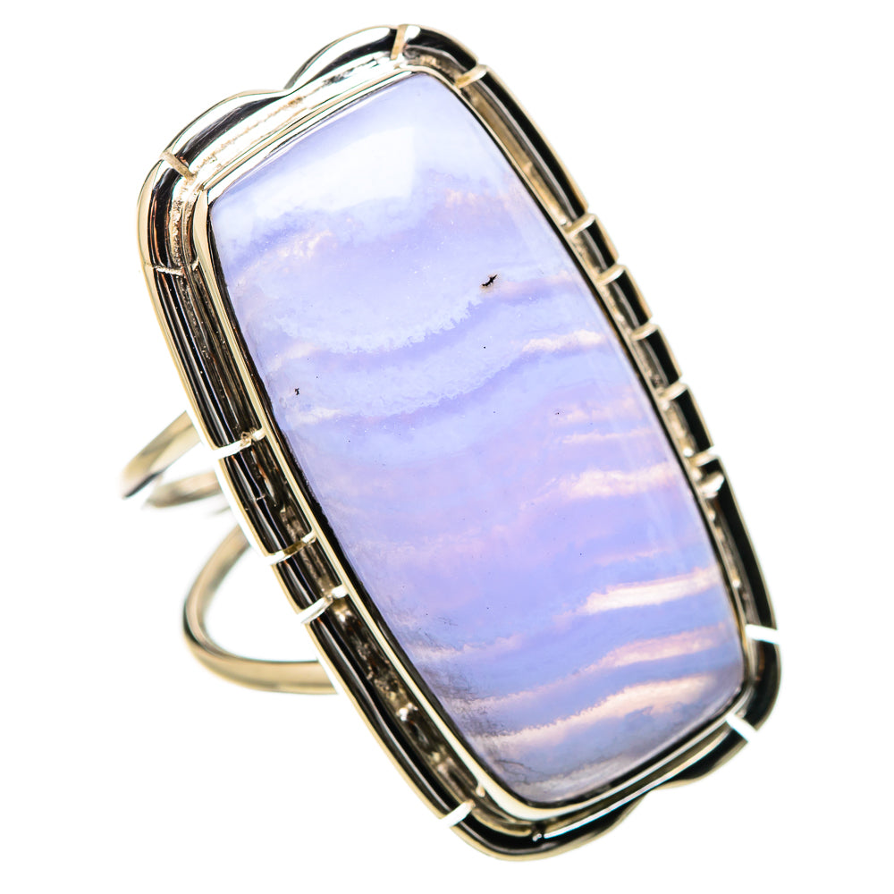 Rectangular blue lace agate ring in silver bezel with decorative side bars