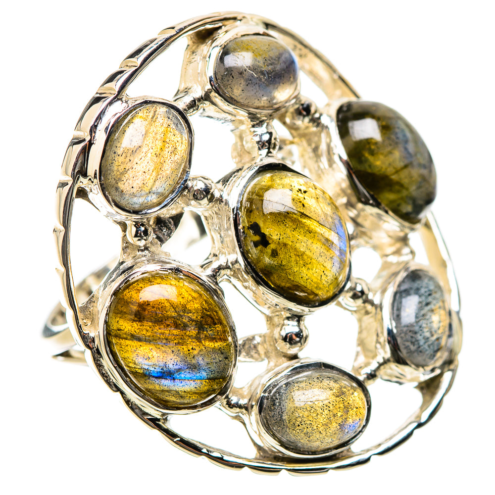 Sterling silver labradorite oval gemstone ring, yellow and blue flashes