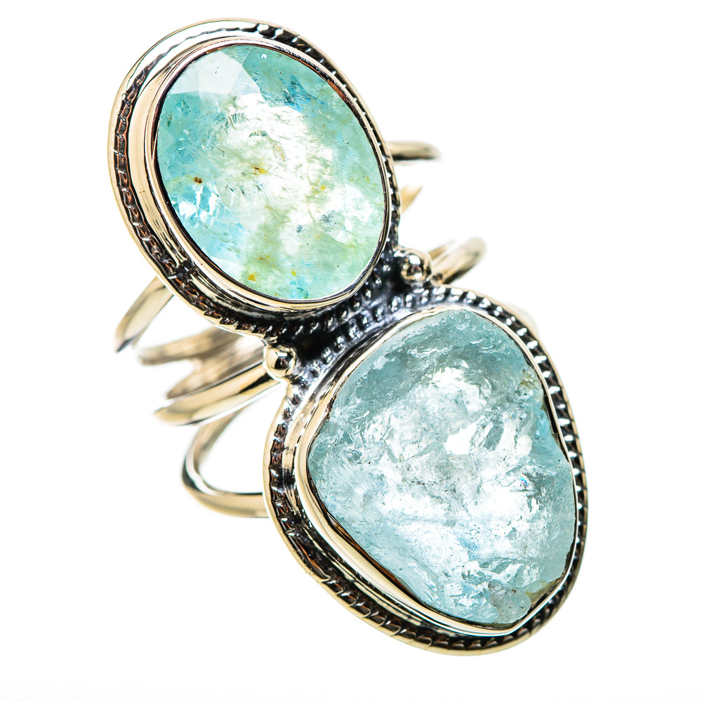 Sterling silver double oval aquamarine ring with textured bezel, size 7
