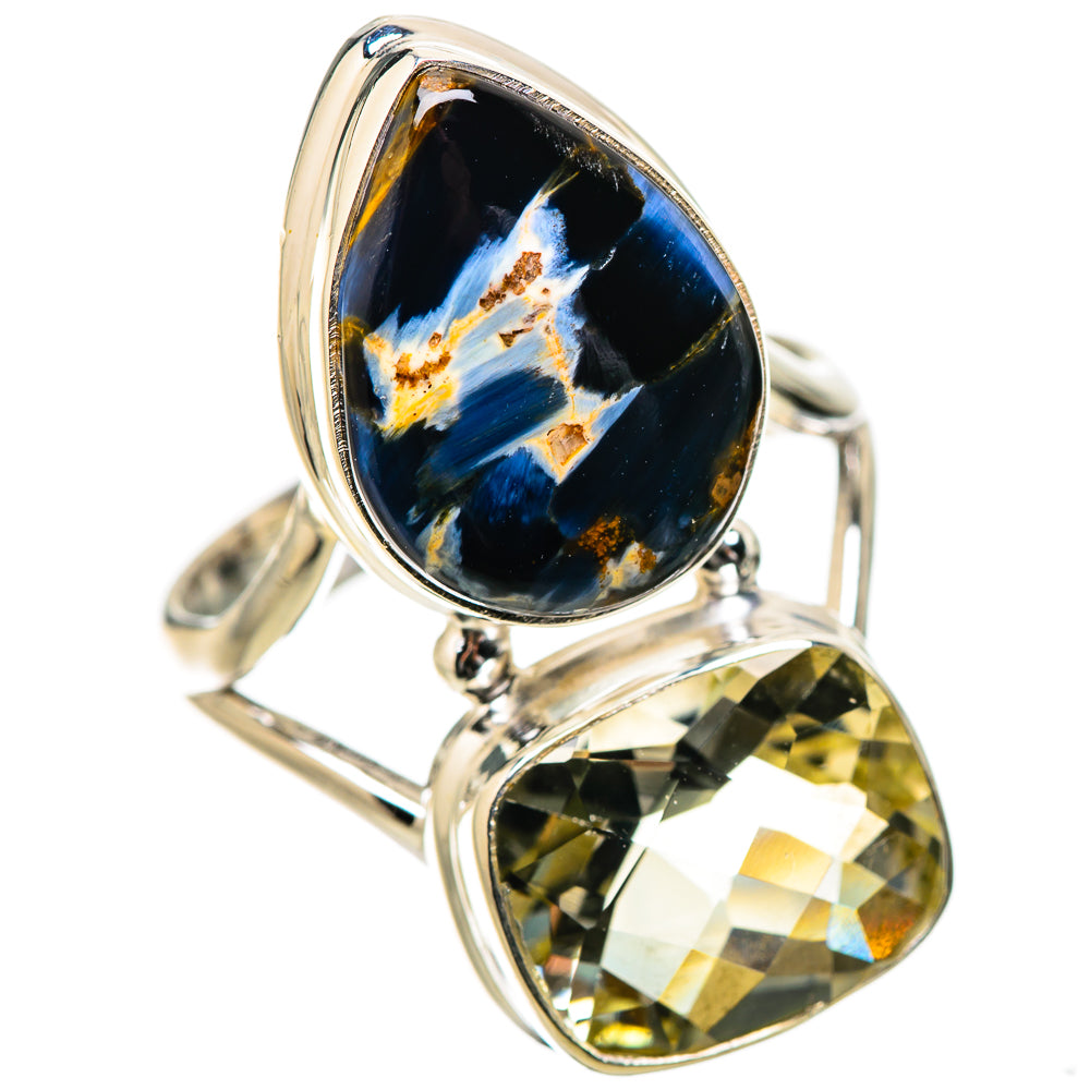 Two-stone sterling silver ring with blue-and-gold teardrop and yellow-green gem