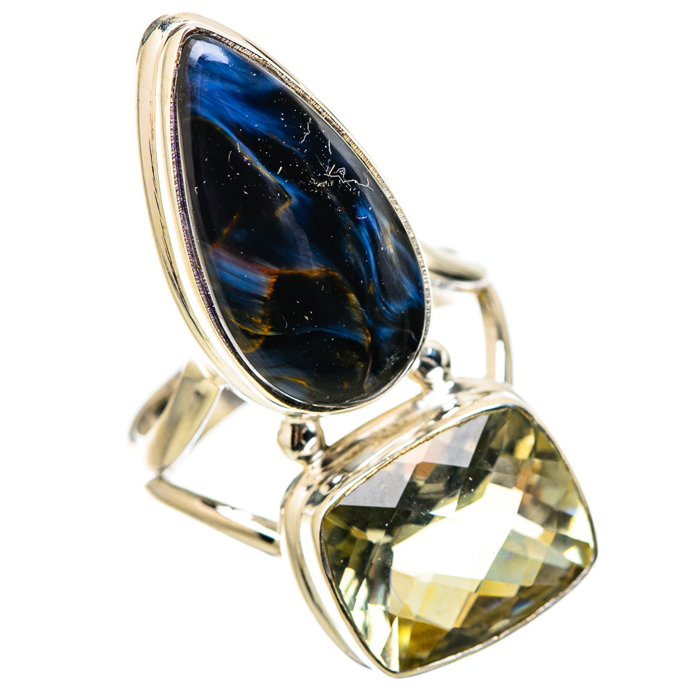 Sterling silver ring with dark blue pietersite teardrop and faceted yellow-green gem