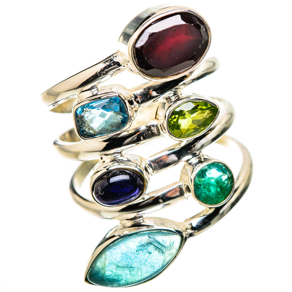 Sterling silver ring with oval and round multicolor gemstones: blue, green, red, dark