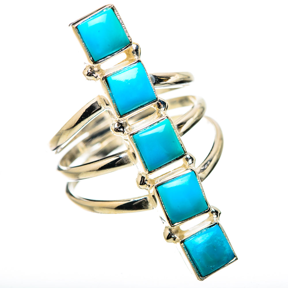 Turquoise square-stone 925 sterling silver ring with long row of stones