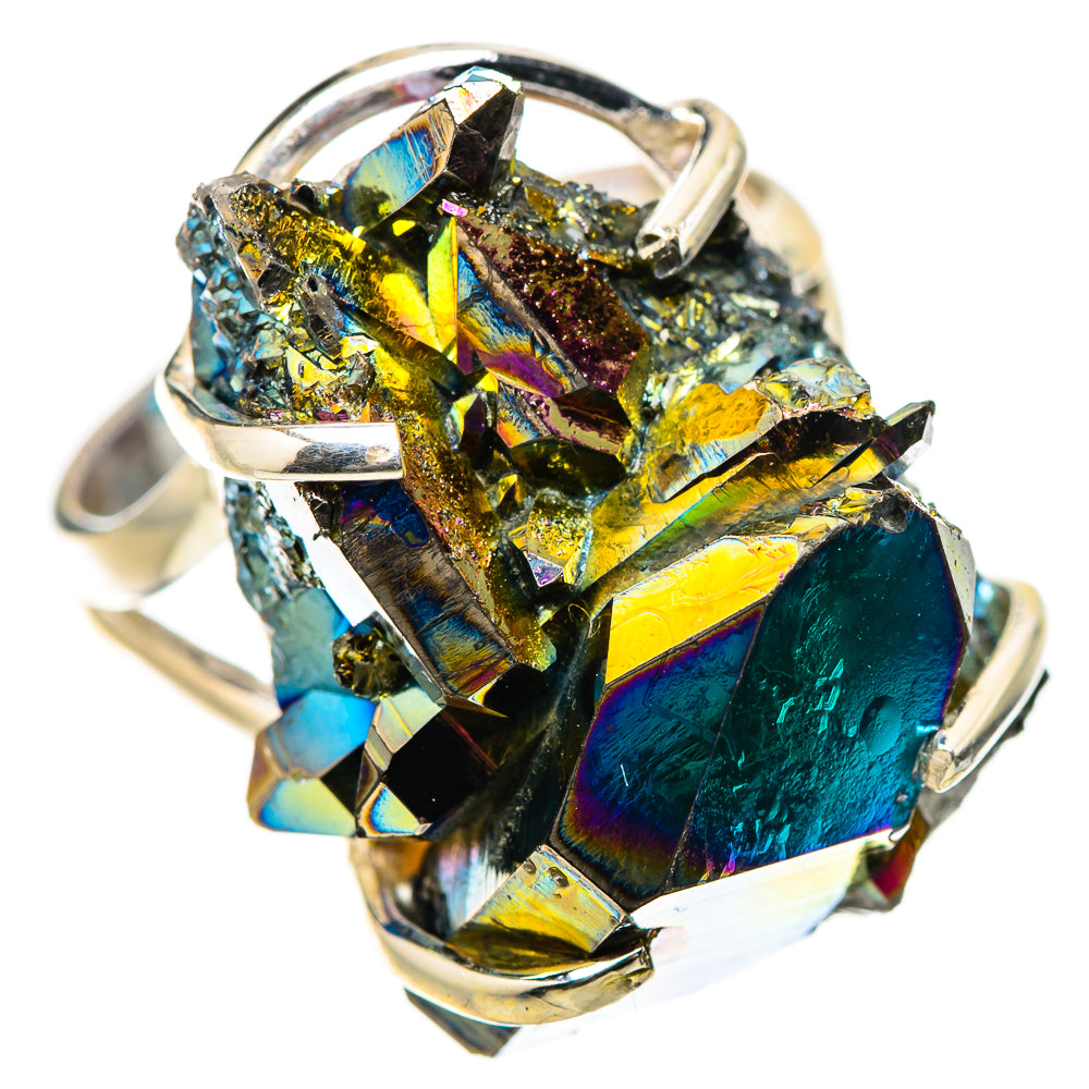 Sterling silver drusy ring with iridescent blue-yellow crystal cluster