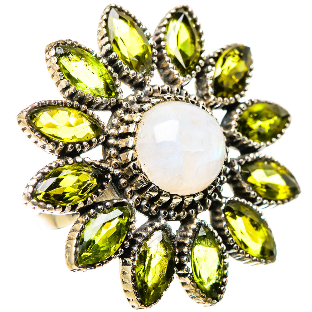 Sterling silver flower ring: round white opal center, yellow-green marquise stones