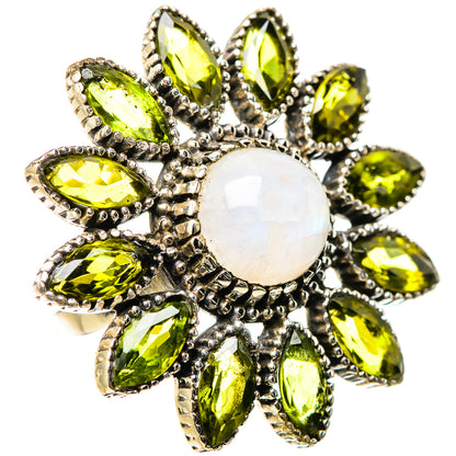 Sterling silver flower ring: round white opal center, yellow-green marquise stones