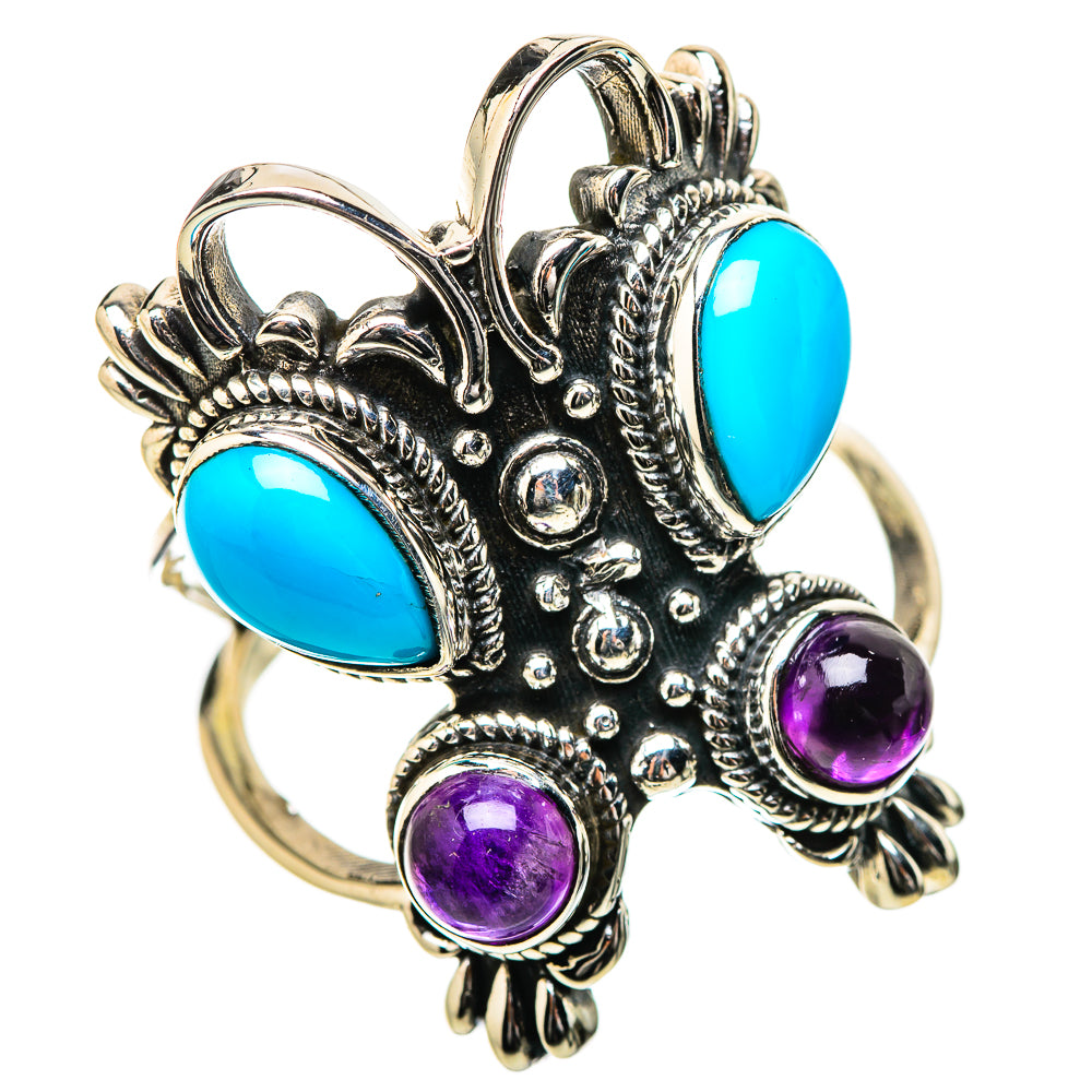 Large sterling silver ring with turquoise and amethyst cabochons, ornate floral setting