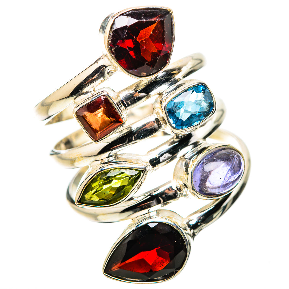 Multi-stone teardrop ring in 925 sterling silver with red, blue, green, and purple gems