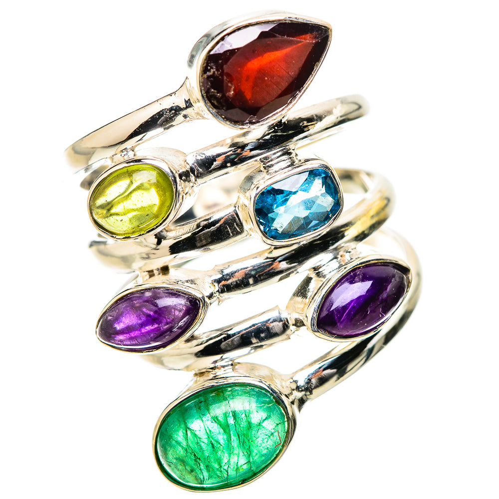 Silver multi-stone ring with red, yellow-green, blue, purple, and green gemstones in rows