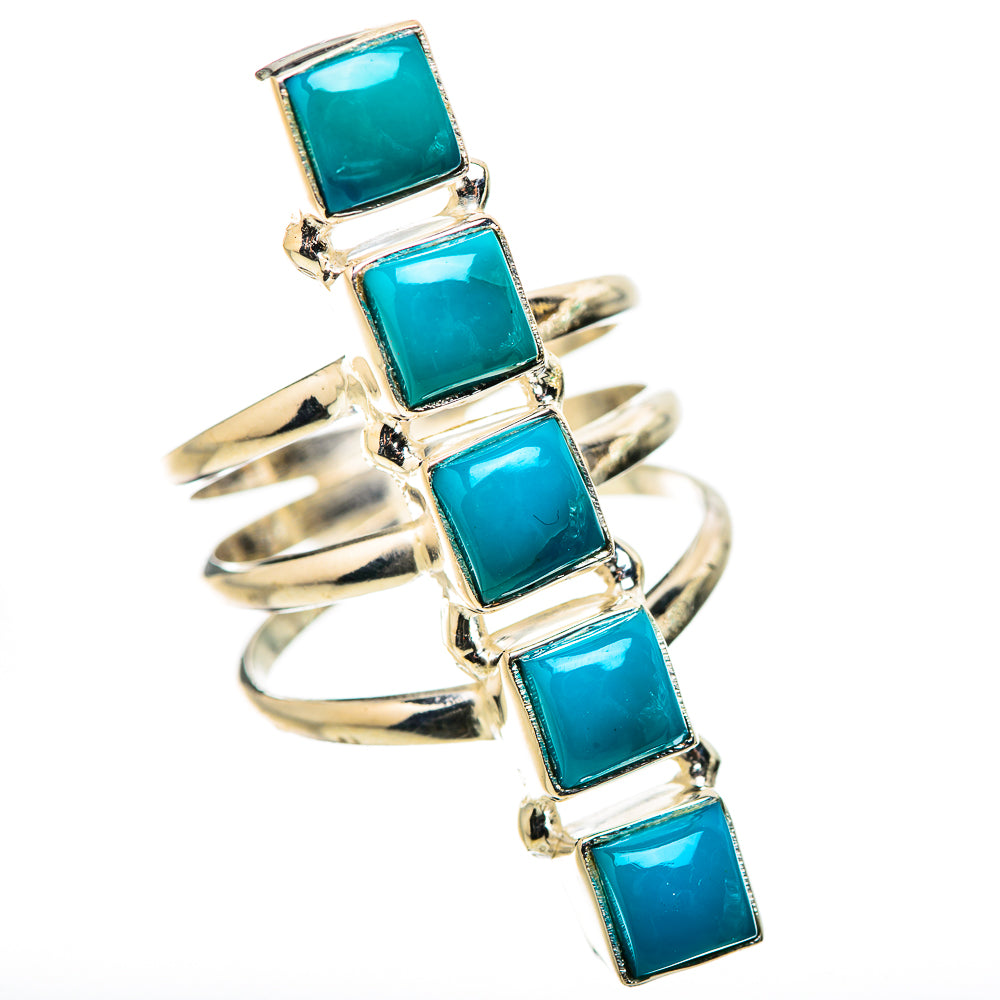 Turquoise square-stone sterling silver band ring, front view with raised bezel settings