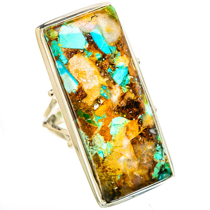 Rectangular turquoise mosaic stone ring in silver bezel, open back view