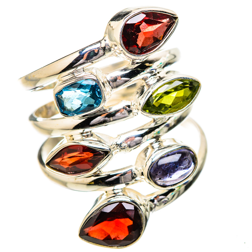 Sterling silver ring with prong-set red, blue, green, and purple oval gemstones