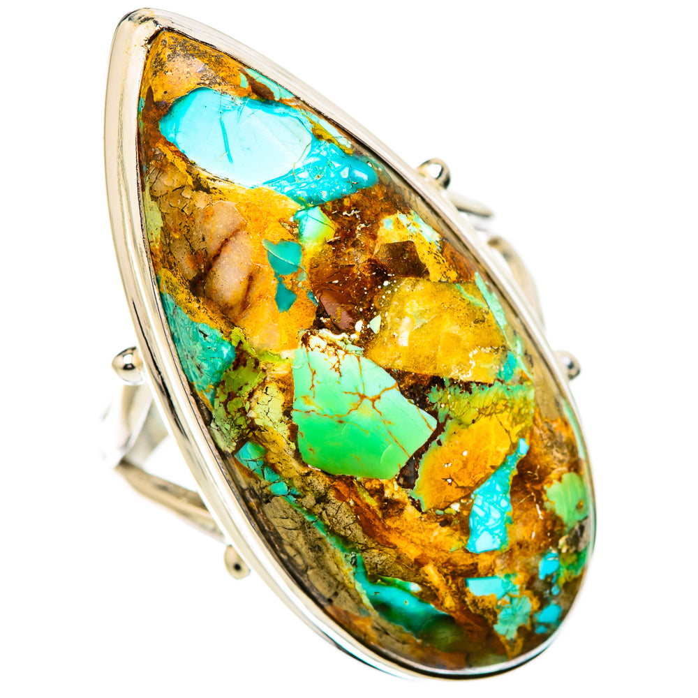 Oval turquoise gemstone ring in 925 sterling silver, bezel set with prongs, teal and amber