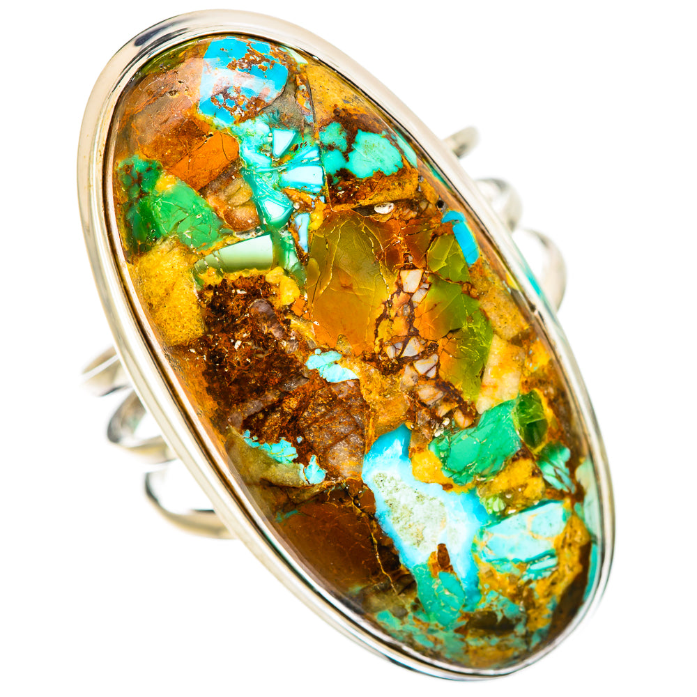 Turquoise stone in oval sterling silver ring, multicolor blue-green matrix center