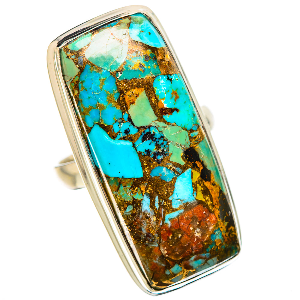 Sterling silver turquoise gemstone ring, large rectangular bezel with multicolor turquoise pattern