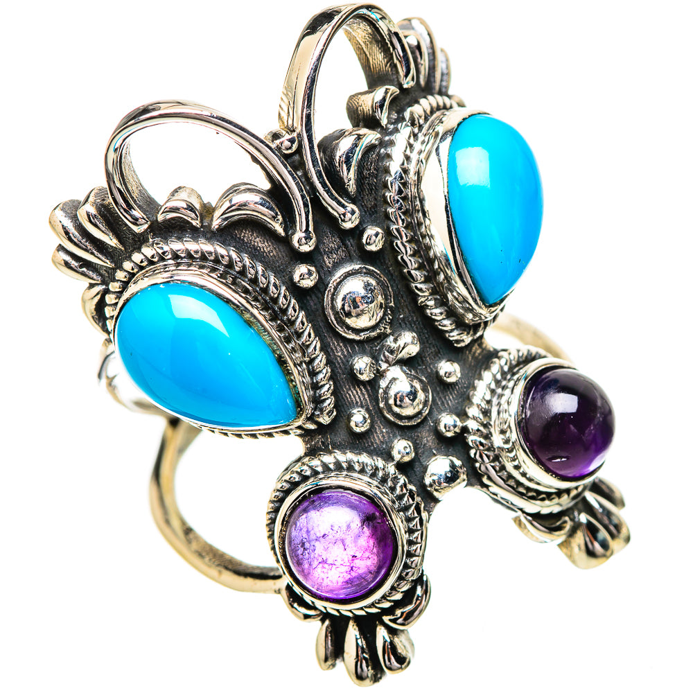 Sterling silver owl ring with turquoise and amethyst cabochon stones, ornate setting