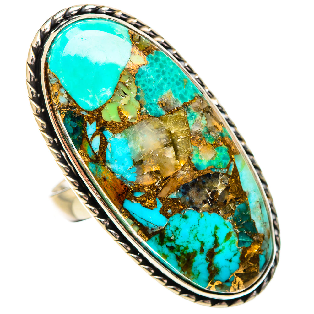 Sterling silver oval turquoise ring with braided bezel and turquoise/gold-brown matrix