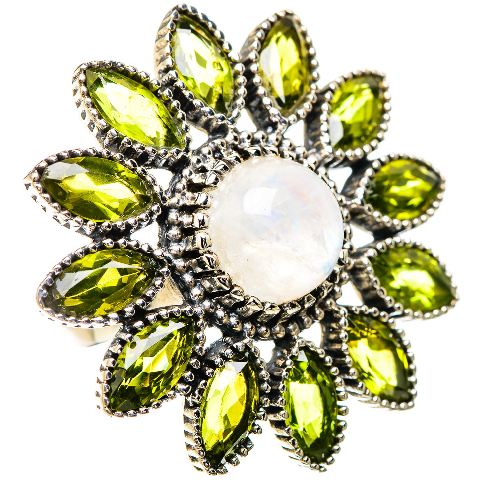 Sterling silver ring with round moonstone center and teardrop peridot gemstones