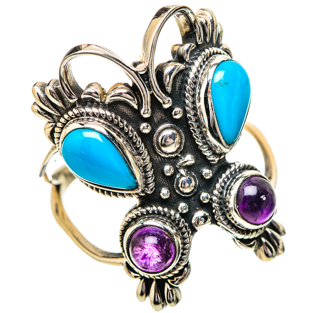 Turquoise and amethyst skull ring in silver-tone metal with detailed prong settings