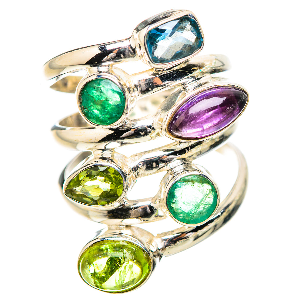Silver-tone multistone stacking ring with green, purple, blue, and yellow oval gems