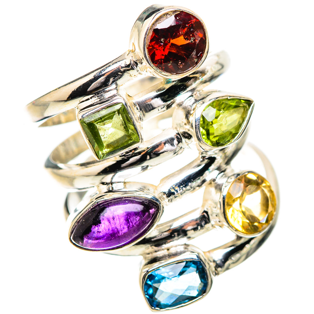 Sterling silver multi-gem ring with red, green, purple, yellow, and blue stones