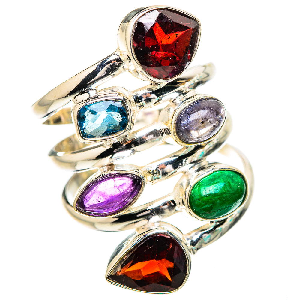 Sterling silver ring with stacked oval gemstones: red garnet, blue topaz, green onyx, amethyst