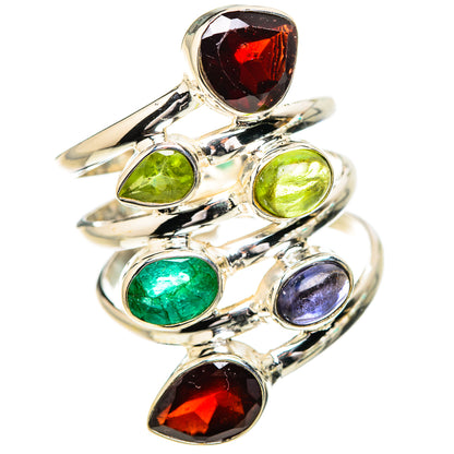Silver statement ring with marquise and round gemstones in garnet, peridot, green emerald, tanzanite