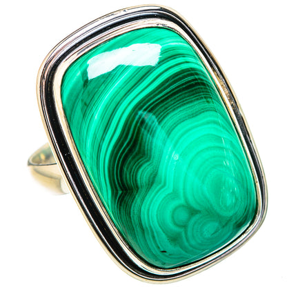 Large malachite ring, oval green cabochon with polished silver frame and slim band (size 10)