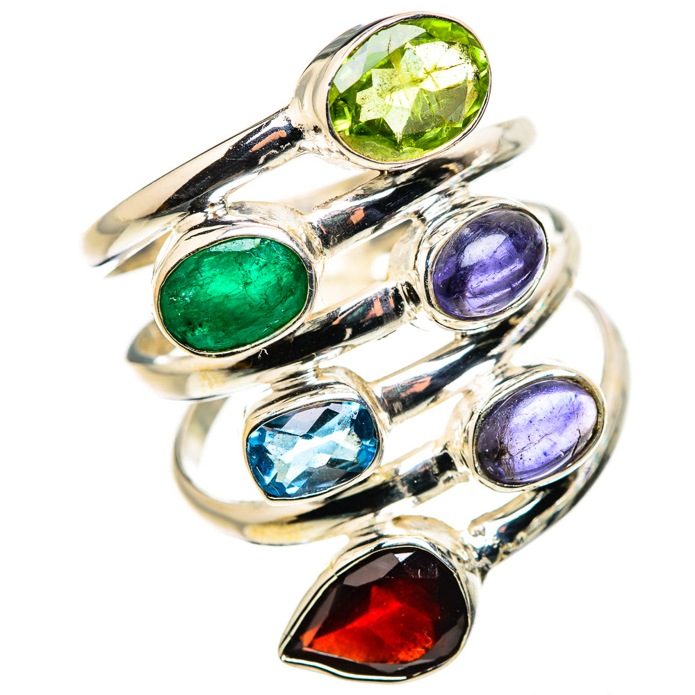 Sterling silver ring with green, purple, blue, and red oval gemstones, stacked design