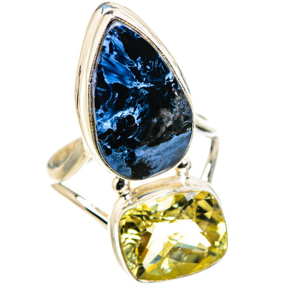 Sterling silver ring with oval blue pietersite and oval yellow citrine stones