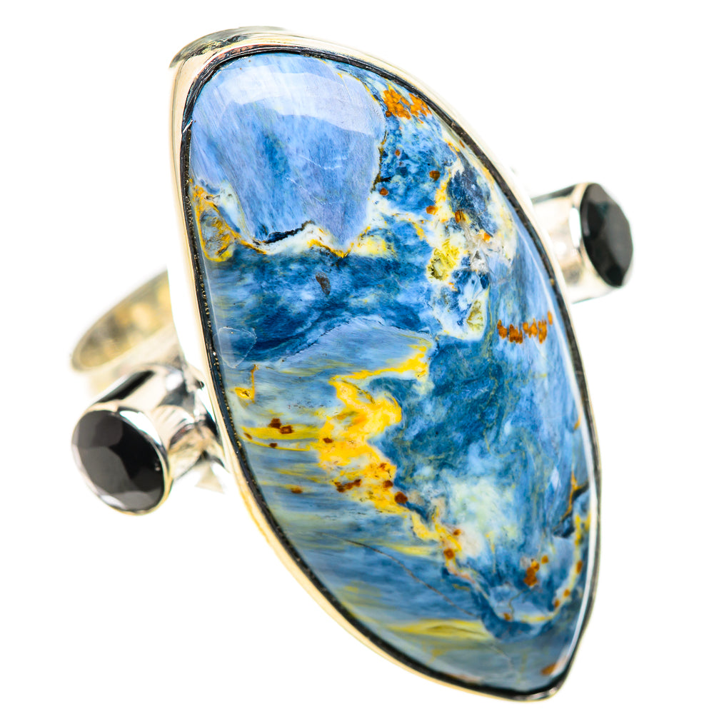 Oval blue pietersite statement ring with black onyx bezels and shiny sterling silver
