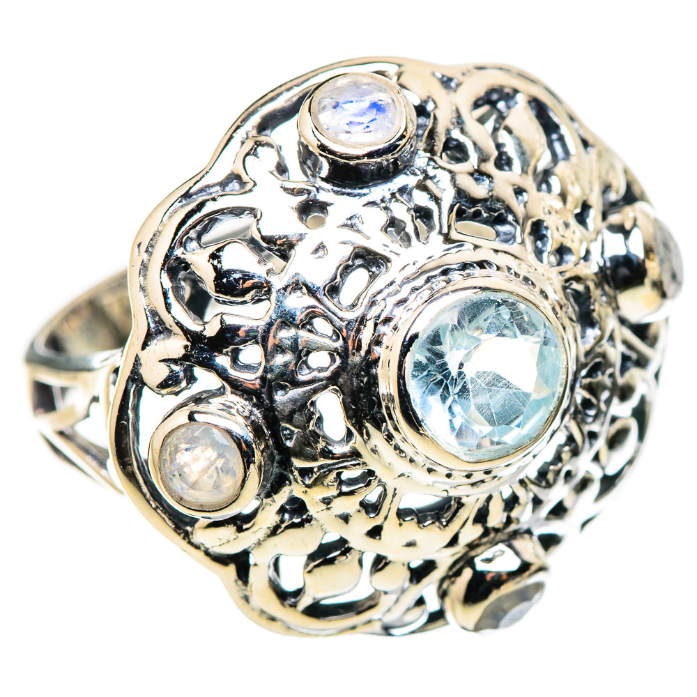 Sterling silver filigree ring with large blue moonstone and small round accents
