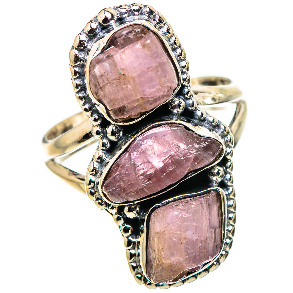 Pink tourmaline sterling silver ring showing stacked oval stones and beaded bezel trim
