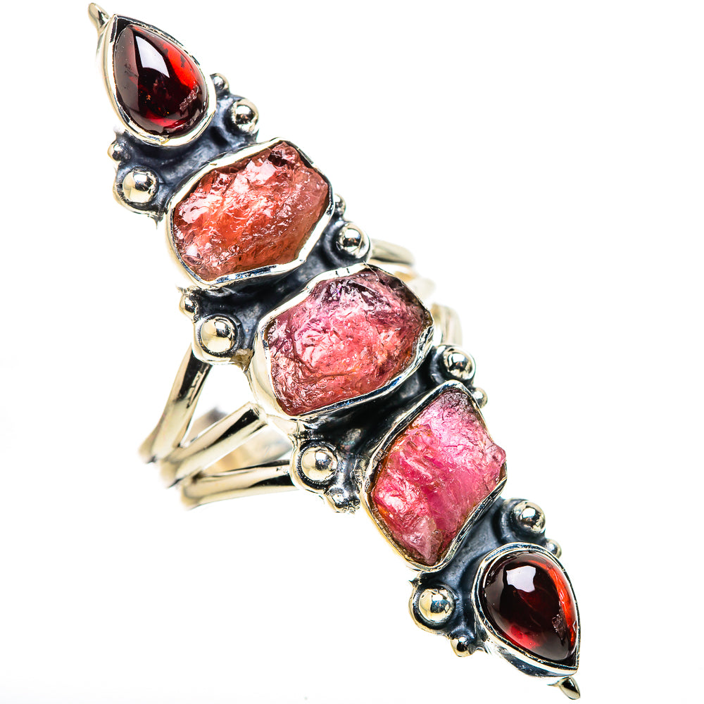 Rough pink gemstone and dark red accent ring, 925 sterling silver prong setting