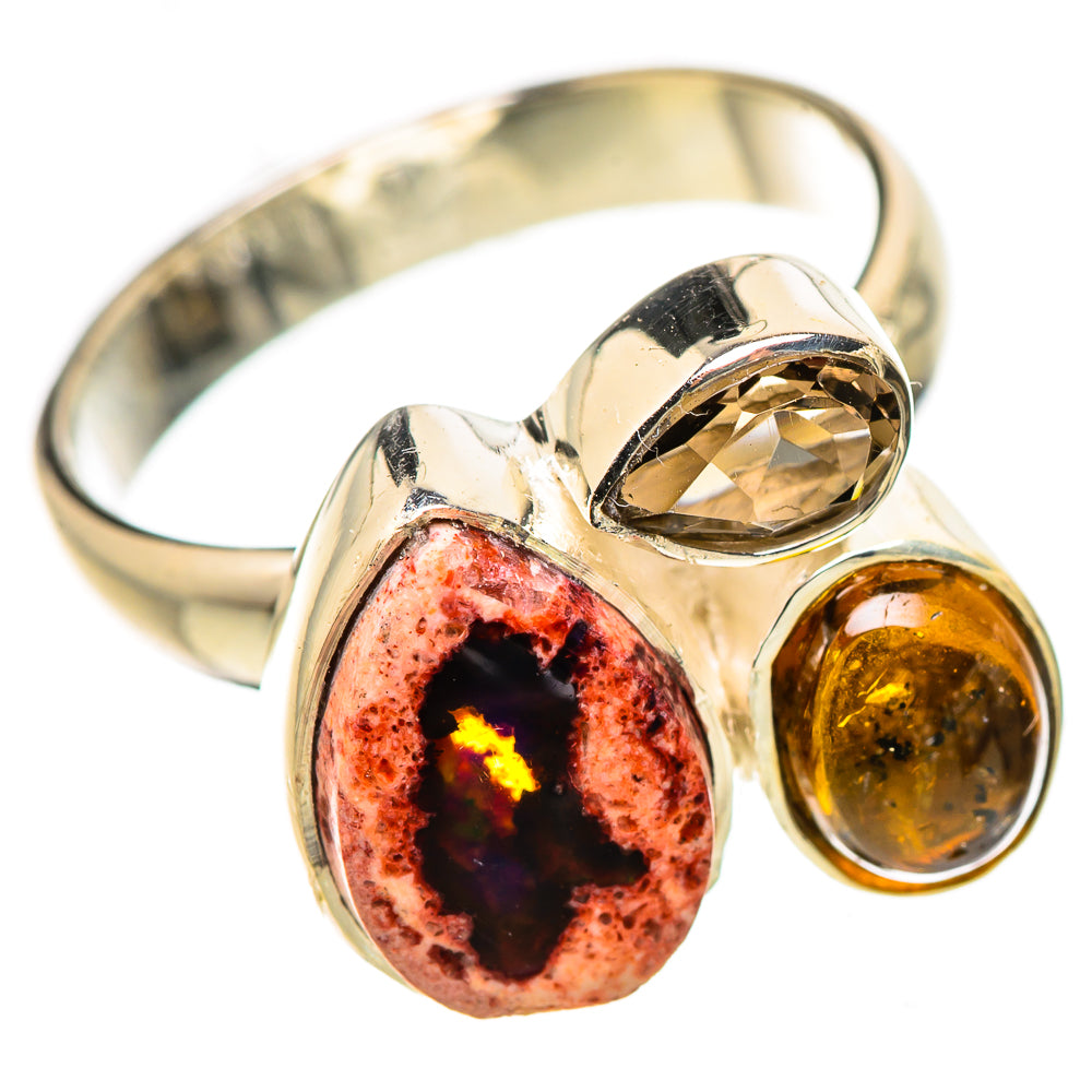 Sterling silver ring with red-black opal oval, amber round stone, and smoky quartz bezel