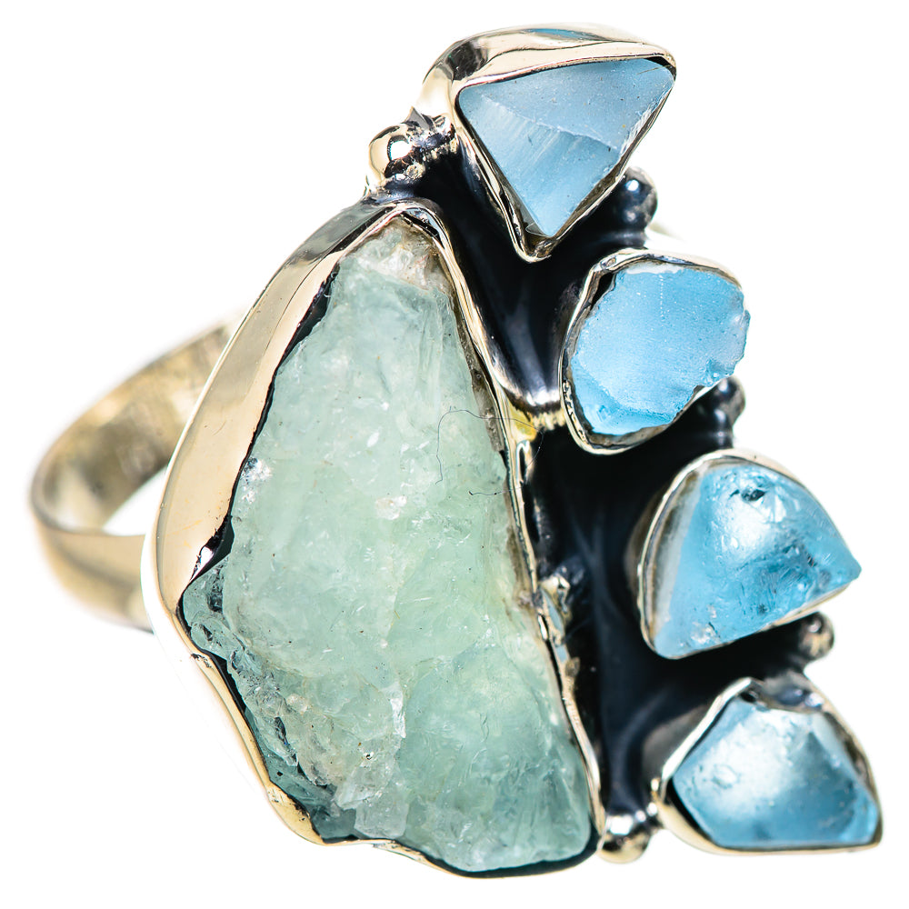 Sterling silver ring featuring rough aquamarine and pale blue chalcedony stones