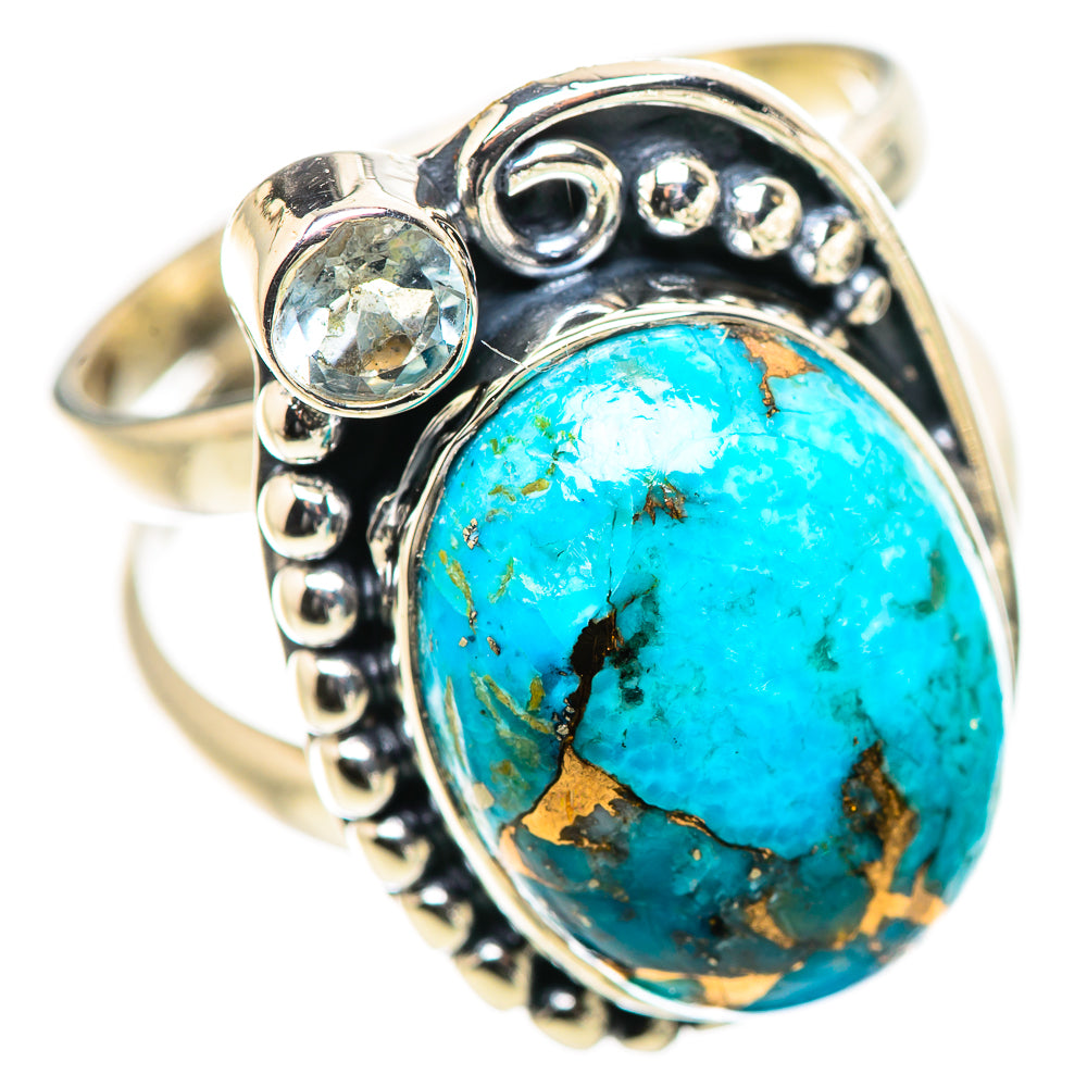 Silver-tone turquoise oval gemstone ring with round side stones