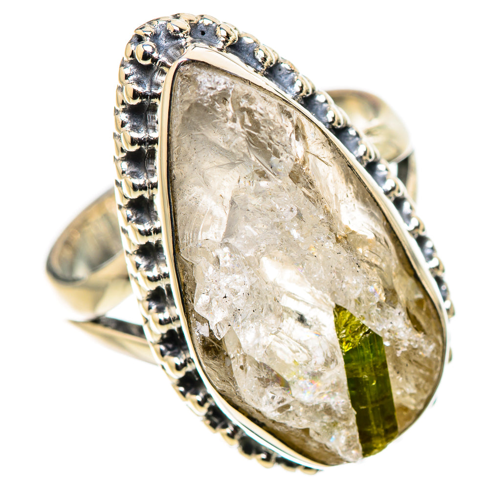 Sterling silver quartz ring with green tourmaline center and ornate bead border