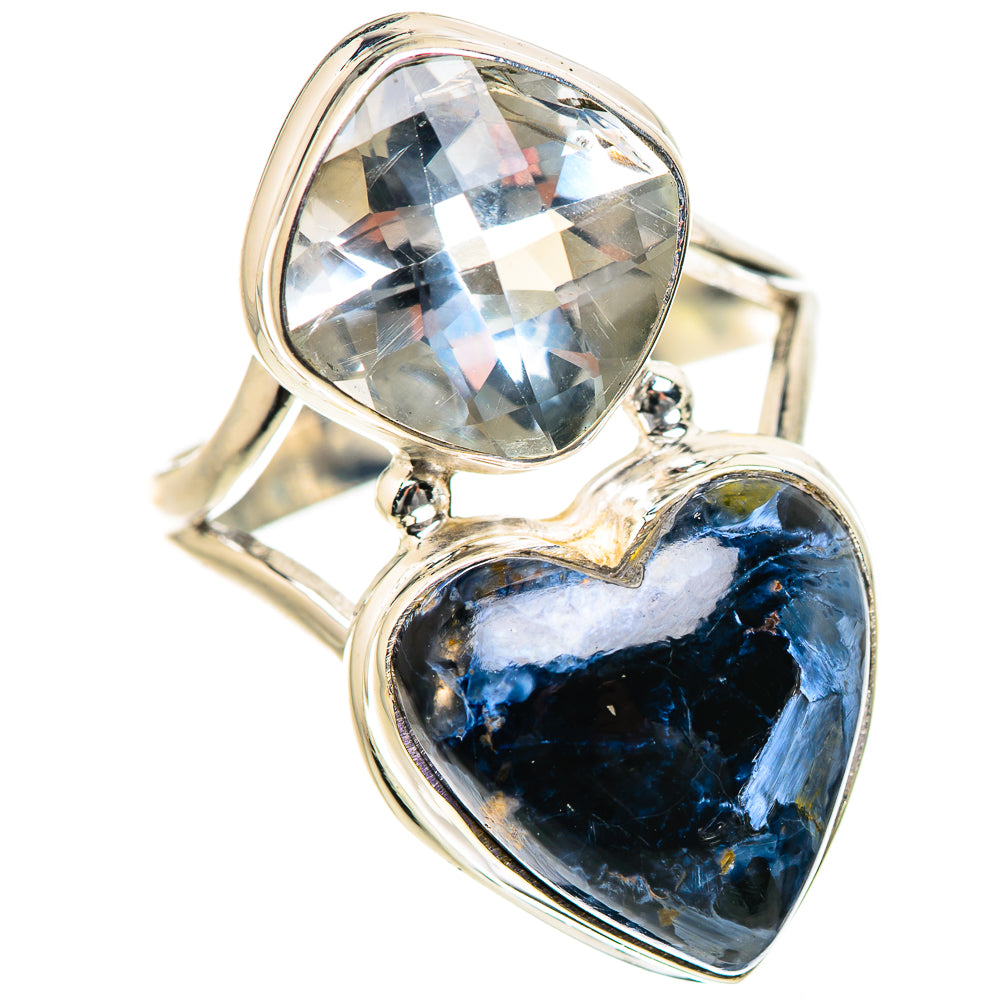 925 sterling silver ring with clear oval gemstone and blue heart pietersite open band