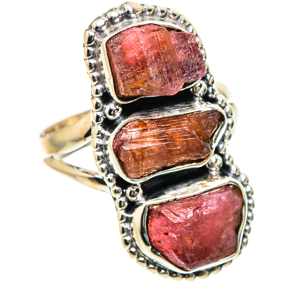 Sterling silver ring with three rough pink tourmaline stones in bezel settings
